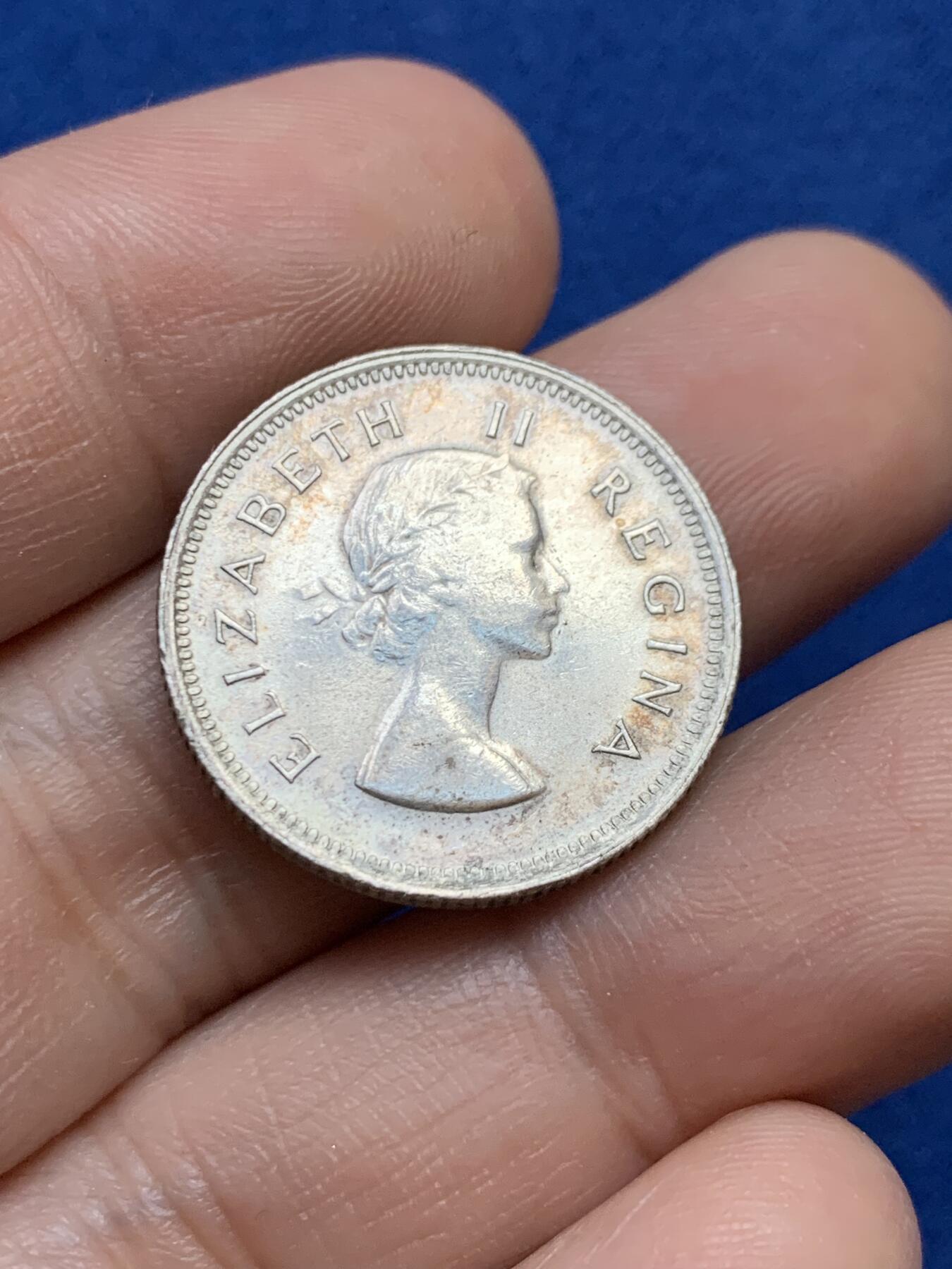 《竞宝斋》第439场 周日，周一，周二 3场连拍 （全场包邮） 英属 南非 1955年 1先令 伊丽莎白二世 银币 好转光稍有清洗