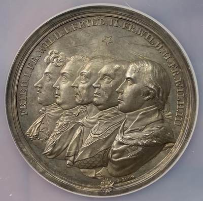 万国钱币拍卖第055期 - NGC MS63 1801年德国普鲁士王国成立100周年纪念大银章 普鲁士章中的超名誉品种 普鲁士五皇阵列在前 阿波罗在太阳战车上被众神环绕 原味包浆难得 收藏级品质