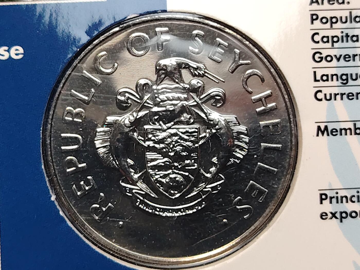 布加迪🐬～世界钱币(上海)🌾第 260 期 /  各国套币和散币 塞舌尔🇸🇨 1995年 5卢比 联合国成立50周年纪念克朗币