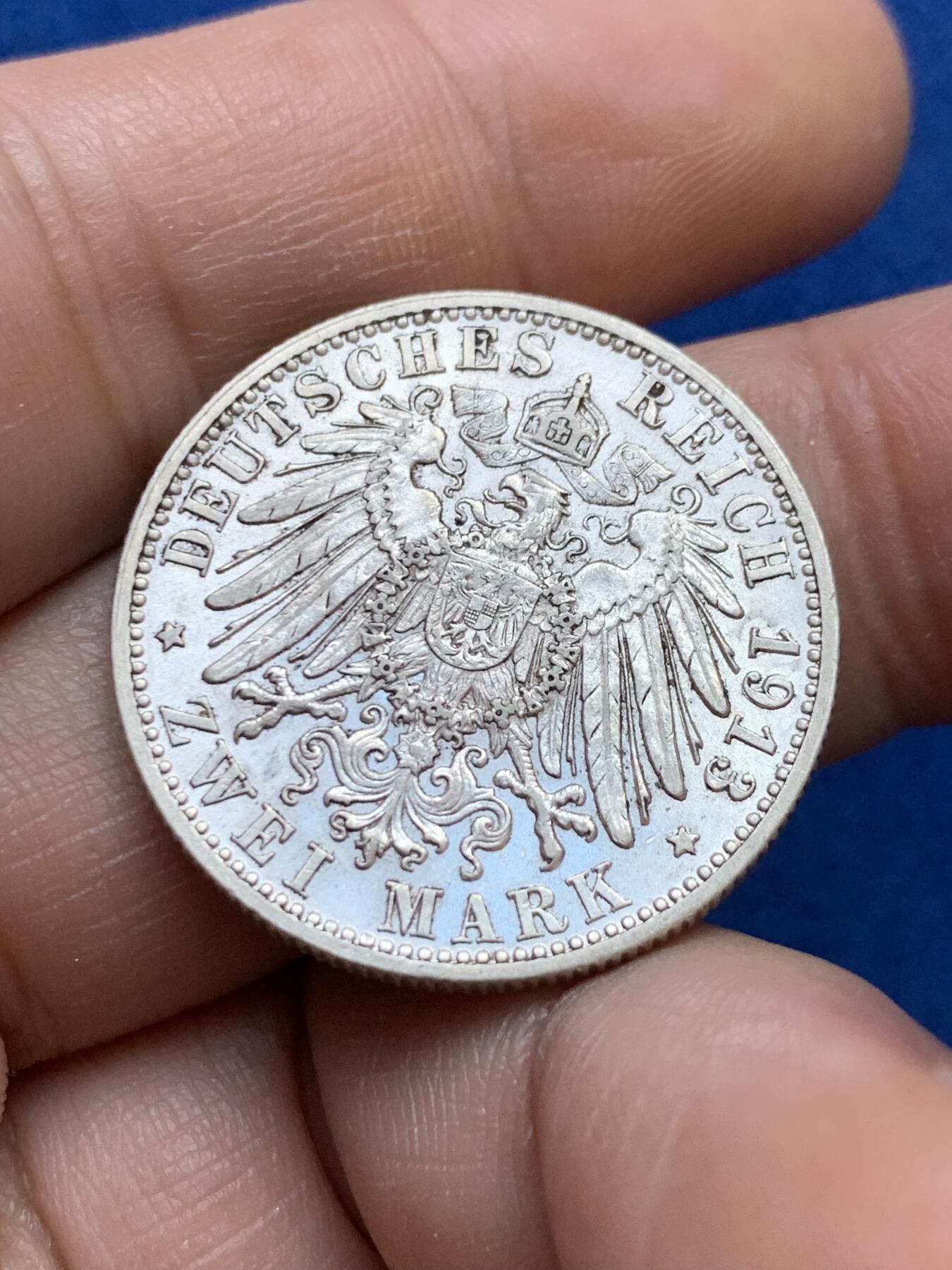 《竞宝斋》第439场 周日，周一，周二 3场连拍 （全场包邮） 德国1913年符登堡2马克银币 好品