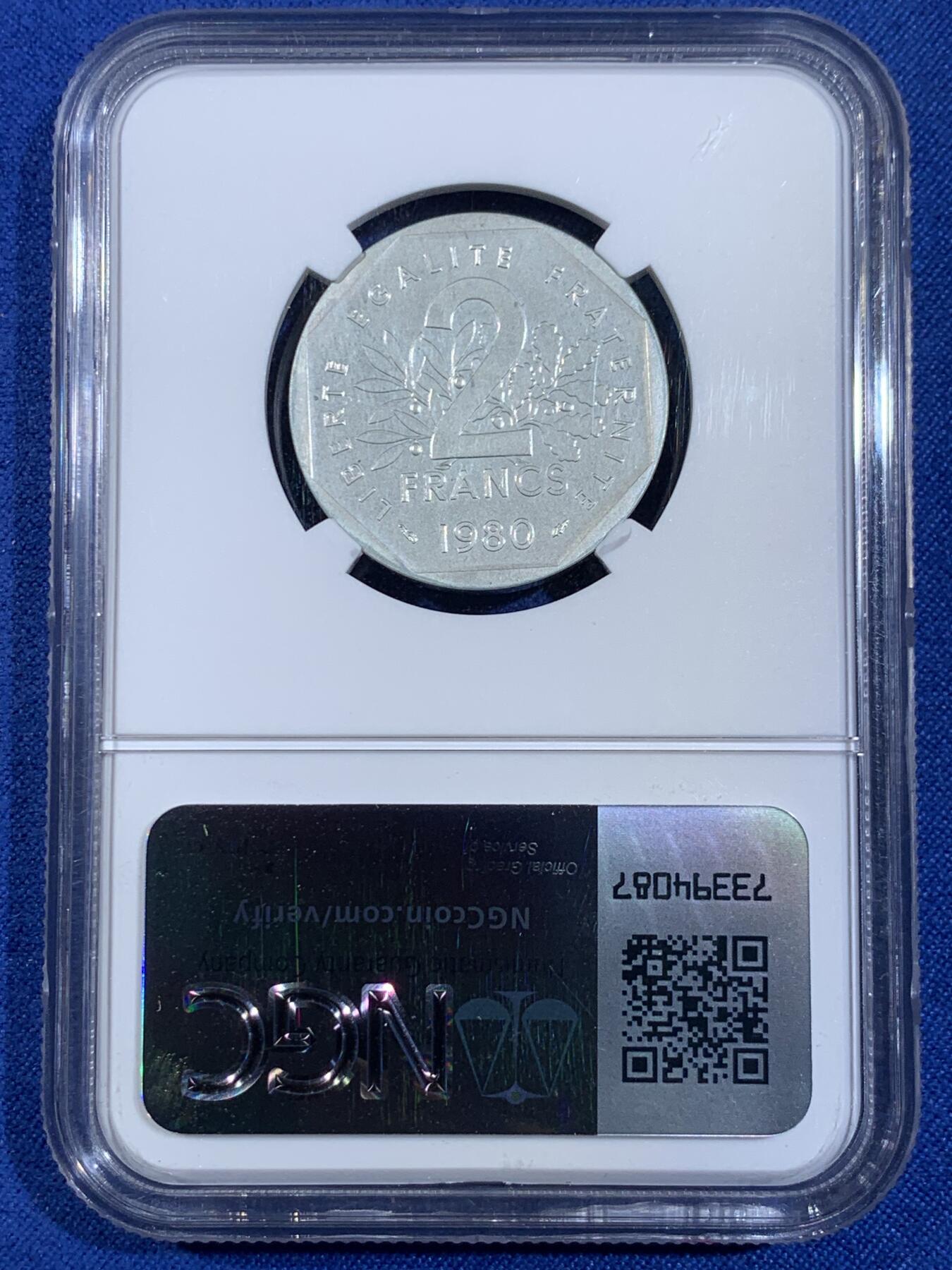 《竞宝斋》第439场 周日，周一，周二 3场连拍 （全场包邮） NGC PF65 法国第五共和国 1980年 2法郎加厚精制银币 资料显示发行量仅820枚