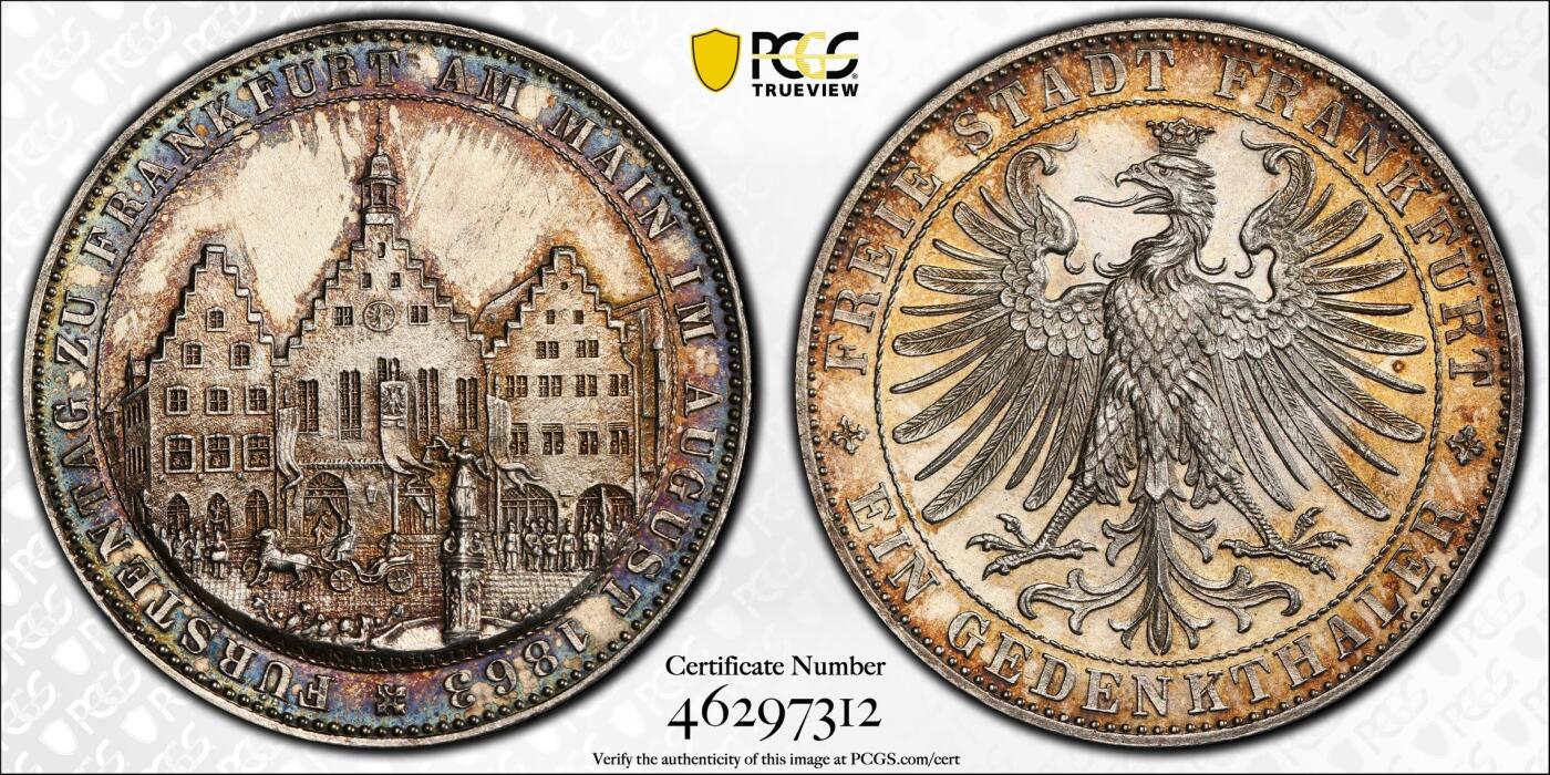 万国钱币拍卖第055期 PCGS MS62 1863法兰克福王子议会1泰勒 经典法兰城景观品种 顶级五彩状态难得