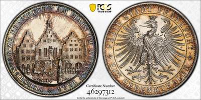 万国钱币拍卖第055期 - PCGS MS62 1863法兰克福王子议会1泰勒 经典法兰城景观品种 顶级五彩状态难得
