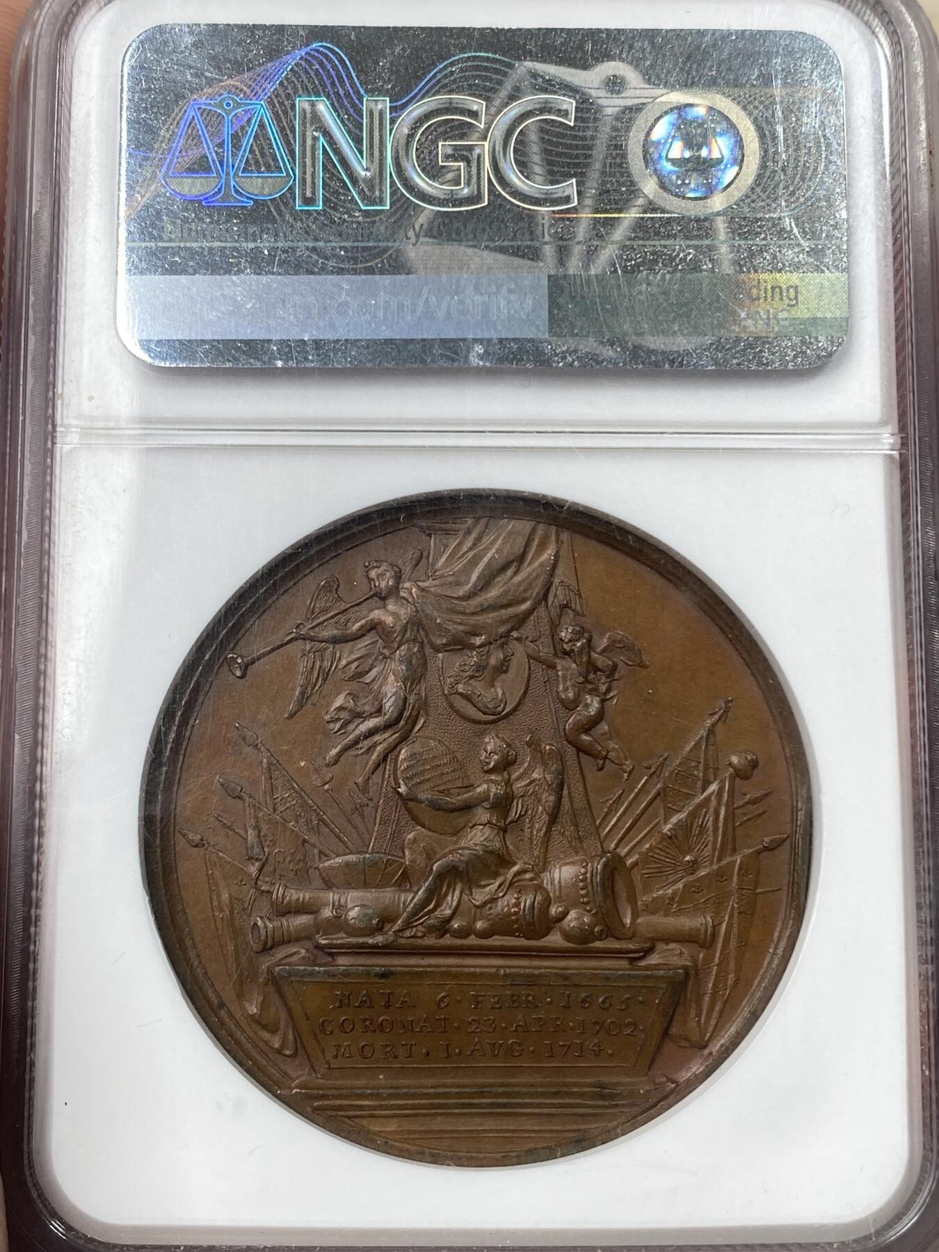 万国钱币拍卖第055期 NGC UNCD 1731年英国乔治二世纪念安妮女王逝世大铜章 高浮雕原红铜光极美