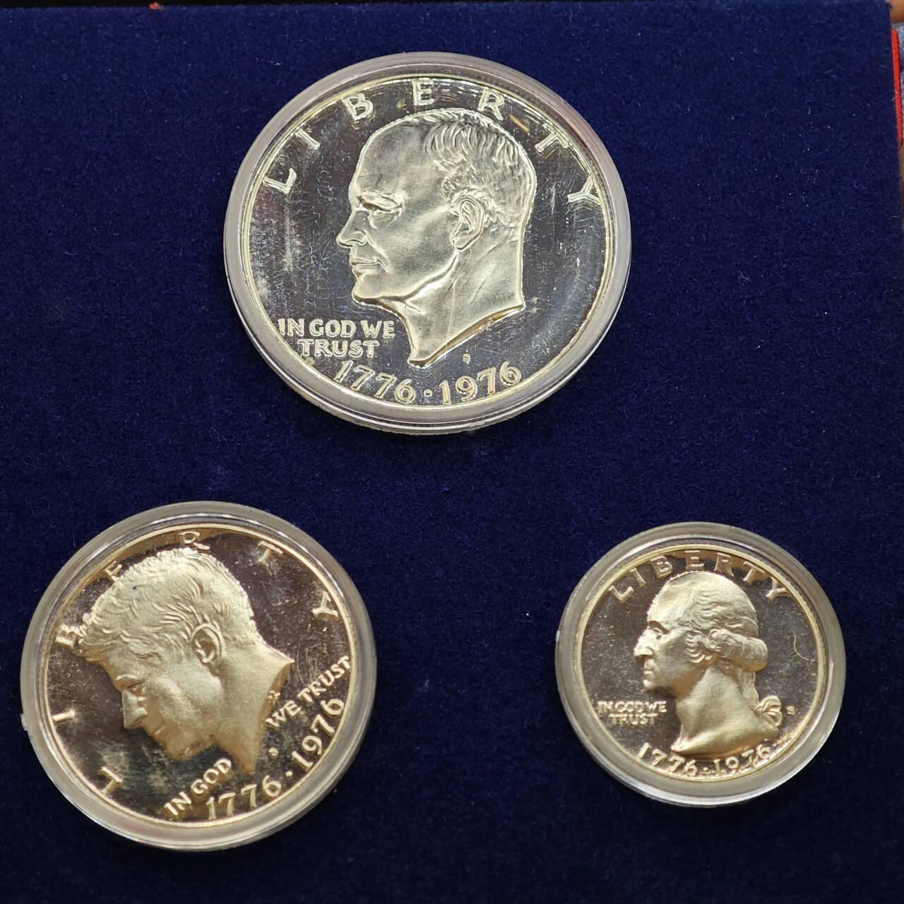 【淘币小摊】实时拍第七百九十九拍   银币套币场   满百包邮可预留二周 每周一统一发货   美国1976年建国200周年精制银币3枚套41.79克400银 银价193