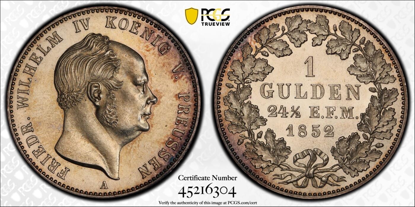 万国钱币拍卖第055期 PCGS MS64 1852年霍亨索伦-普鲁士-西格玛宁根威廉四世1古尔登银币 全深打喷砂质感 1848年欧洲大革命后 霍亨索伦-西格玛宁根&黑兴根侯国退位 普鲁士兼并以上两个侯国后单年发行了此古尔登 意义非凡 西格玛宁根亲王长子在1870成为西班牙王位继承人 直接导致普法战争爆发 