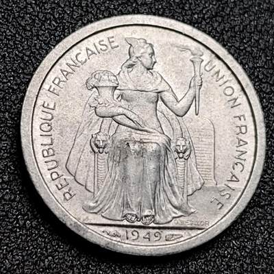 泉币菌-第130场-精品福利场 - 原光 1949年 法属新喀里多尼亚硬币1法郎 铝币23毫米 女神动物 天堂鸟钱币