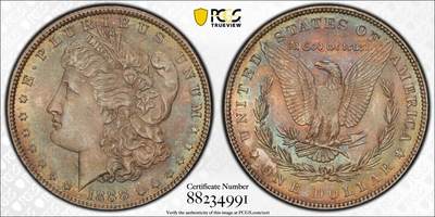 万国钱币拍卖第055期 - PCGS MS64 1888美国摩根一元大银 少见年份极美绿五彩