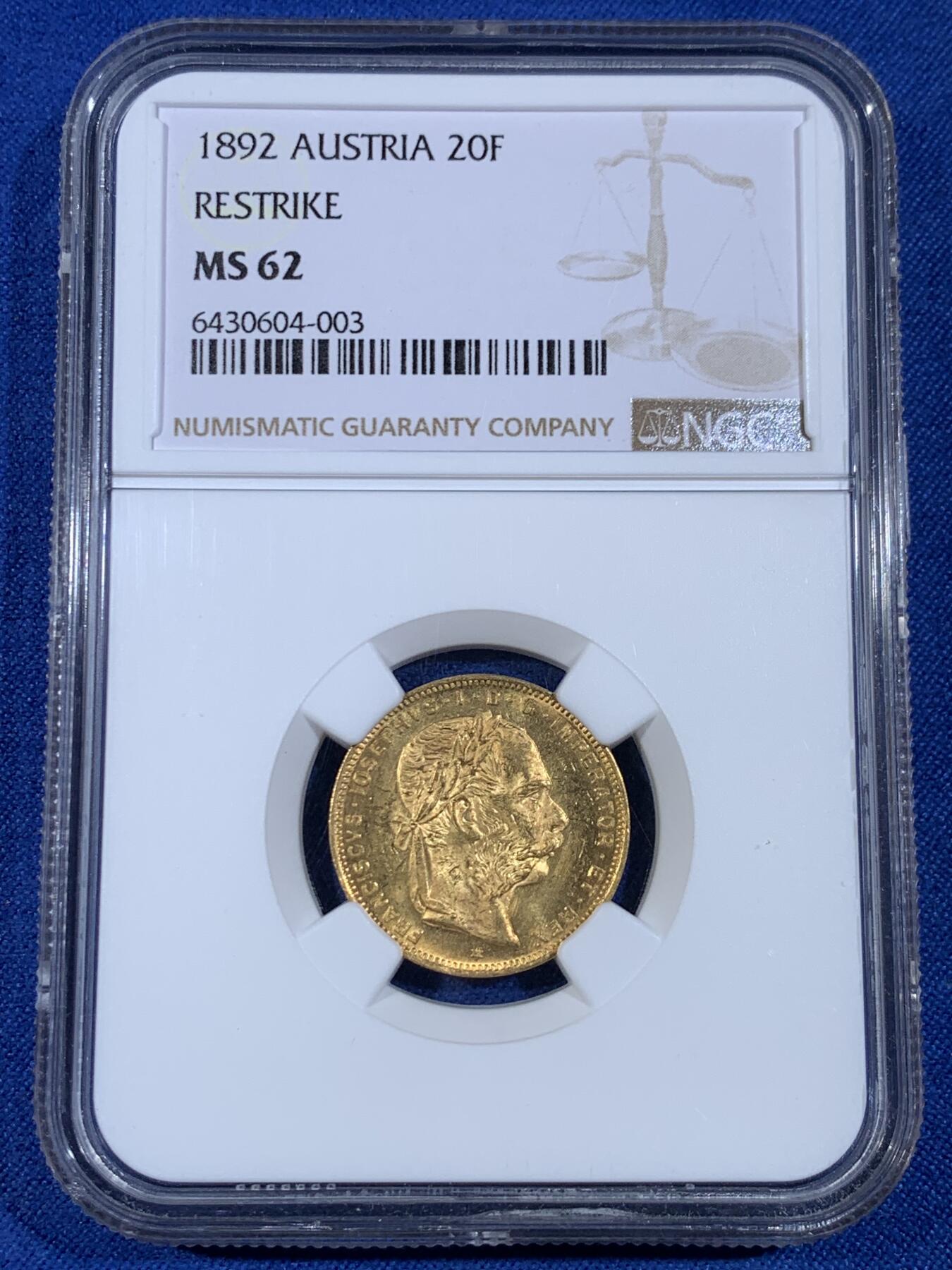 《竞宝斋》第439场 周日，周一，周二 3场连拍 （全场包邮） NGC MS62 奥地利1892年弗朗西斯·约瑟夫一世8弗罗林/20法郎金币 6.45克 900金 RESTRIKE
