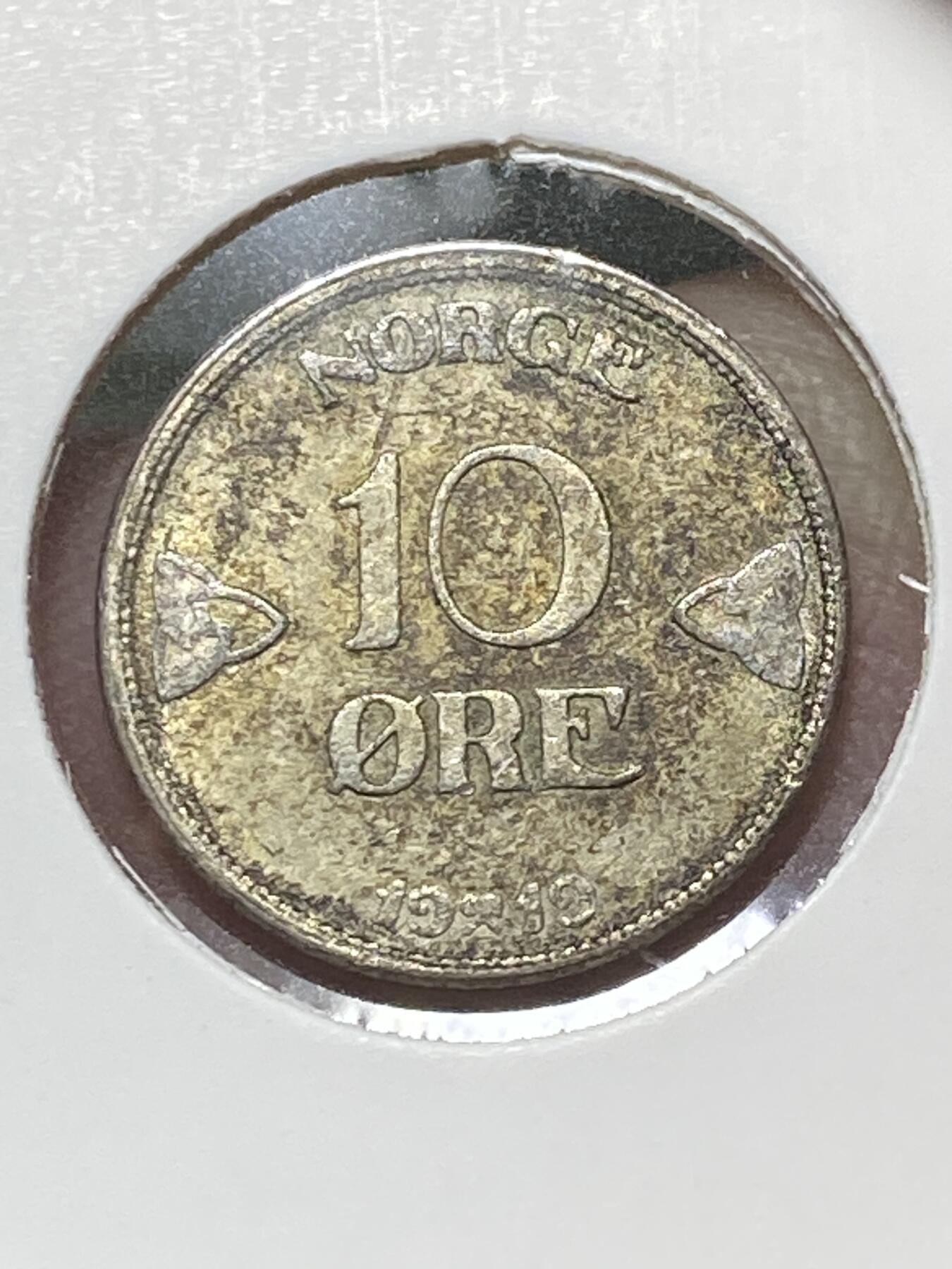 2025年第一百三十场(总第一百五十六场）外国好品纸夹散币场(免佣金) 少见品种–挪威🇳🇴1919年10欧尔银币(哈康七世第一版，400银)