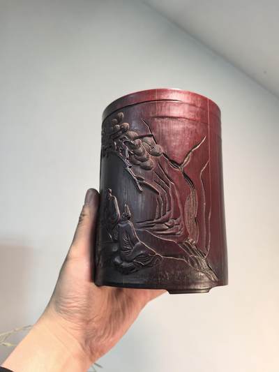 笔筒清代木雕名家刻竹雕人物松下对弈人物故事笔筒 