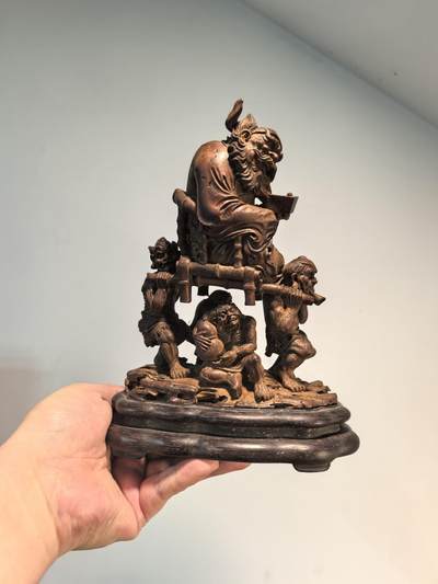 兰馨堂古玩杂项专场 - 老竹雕名家制钟馗醉酒小鬼抬轿摆件老红木座 
