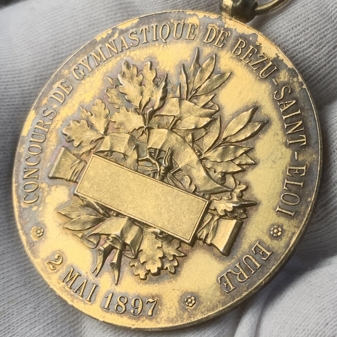 掌中浮雕-藏着的欧洲第042场 1897年法国体操比赛奖章，镀金银章，50mm，41.25g
