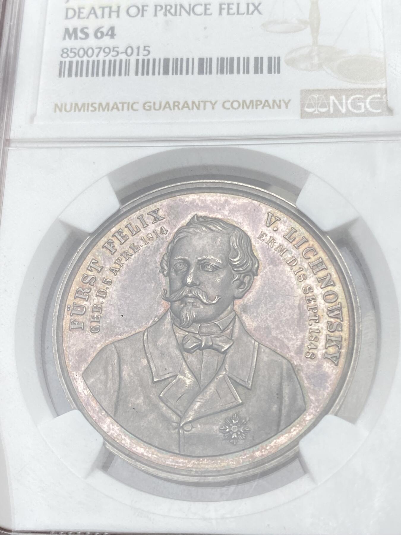万国钱币拍卖第055期 NGC MS64 1848年德国美茵河畔法兰克福纪念利希诺夫斯基伯爵费利克斯在欧洲大革命时期被暗杀大银章 德伦特韦特设计双橡树双头鹰 目前仅见品种 NGC唯一冠军分 极罕见设计 欧陆五彩包浆收藏品质