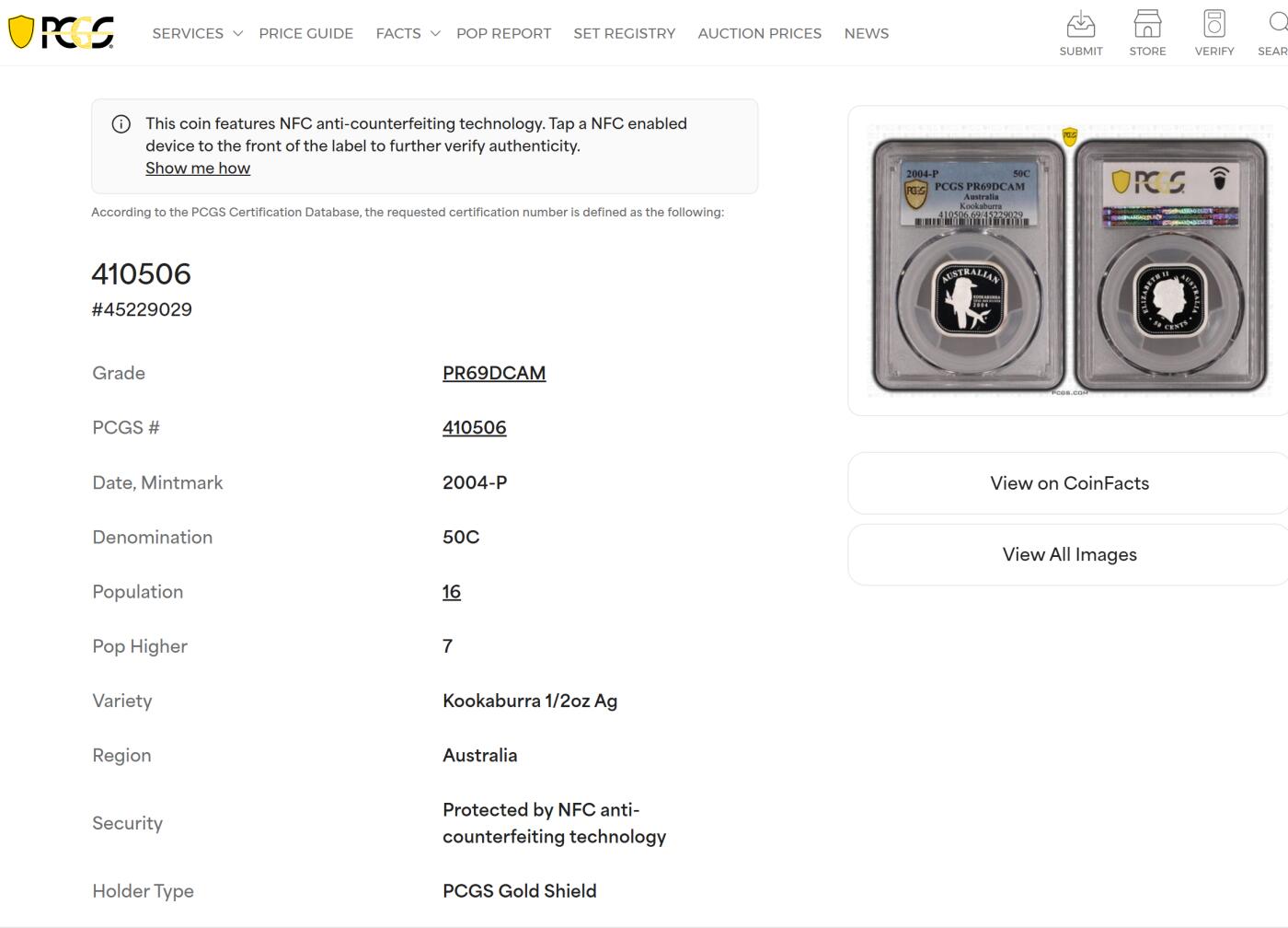 PThappally收藏第54次拍卖，英联邦地区硬币纸币 澳大利亚  2004 年 50 分 15.568g 银币 PCGS PR69DCAM