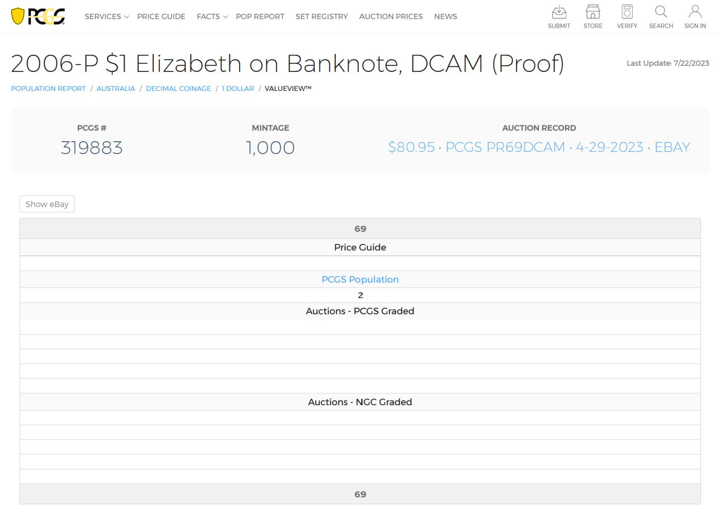 PThappally收藏第54次拍卖，英联邦地区硬币纸币  澳大利亚 2006 1 澳元  31.1 g 铜镍币 PCGS PR69DCAM