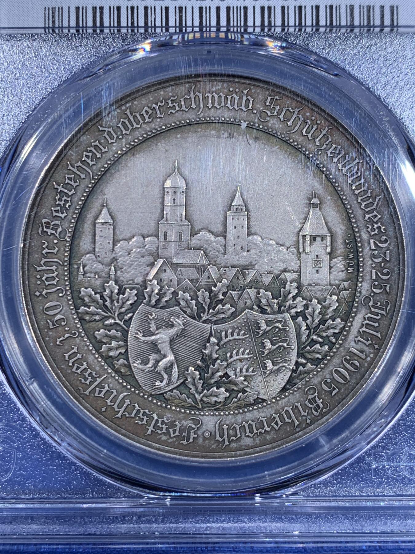 《竞宝斋》第439场 周日，周一，周二 3场连拍 （全场包邮） PCGS MS64 德国 1905年 上斯瓦比亚射击联盟成立50周年 纪念银章 景观细致 背面的15个城市徽章环绕 3圈设计 极美