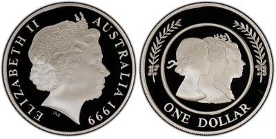 PThappally收藏第54次拍卖，英联邦地区硬币纸币 - 澳大利亚  1999 年 1 元“女王 威仪肖像”31.10g  银质精制纪念币 稀缺收藏拍品 TQG PF70 UC