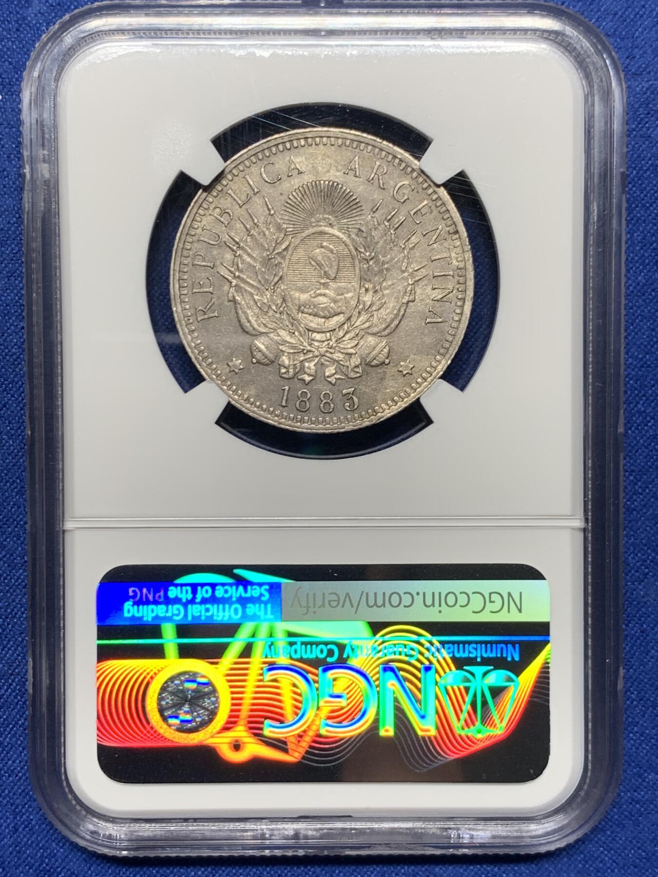 《竞宝斋》第439场 周日，周一，周二 3场连拍 （全场包邮） NGC AU58 阿根廷1883年自由女神50分银币 酱彩金五彩老黑包浆，深打有细节