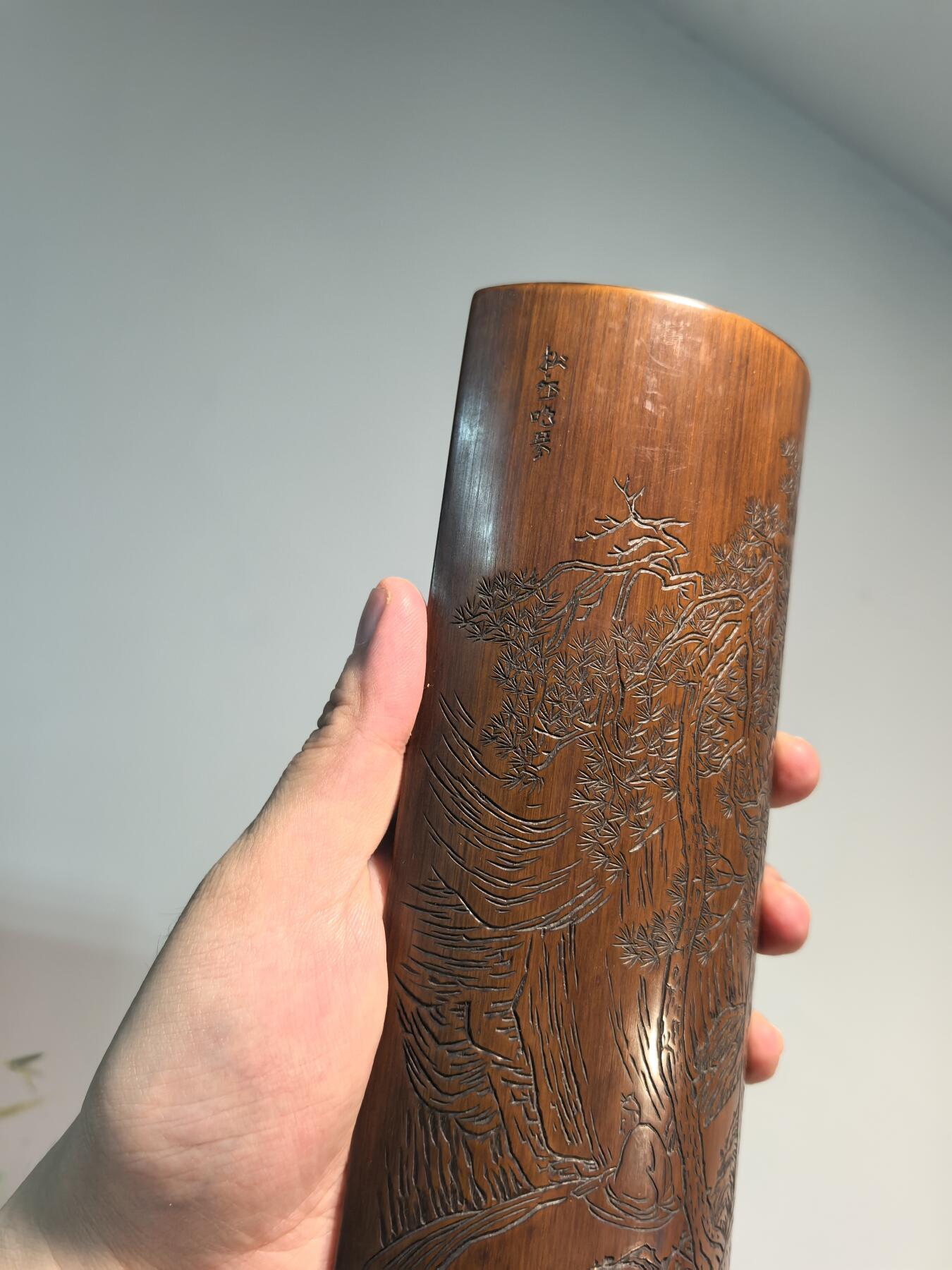 兰馨堂古玩杂项专场 老竹雕风景诗文臂搁镇纸摆件 双面雕工