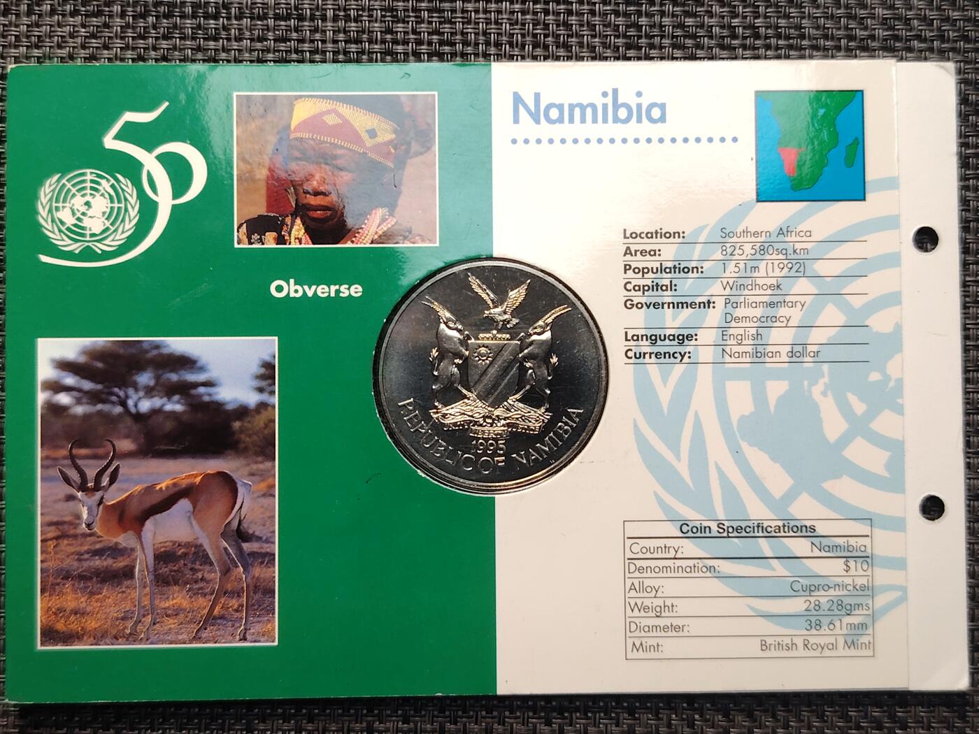 布加迪🐬～世界钱币(上海)🌾第 260 期 /  各国套币和散币 纳米比亚🇳🇦 1995年 10元 联合国成立50周年纪念克朗币