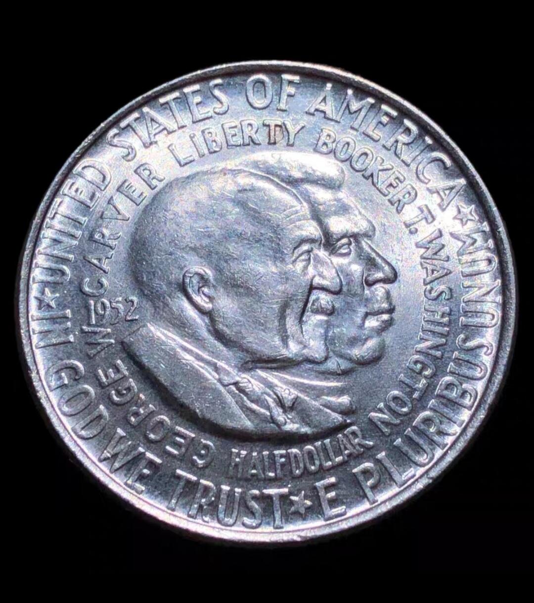 世界各国银币章专场（第24场） 1952年美国乔治·华盛顿·卡佛和布克·华盛顿头像／美国地图1/2元银币