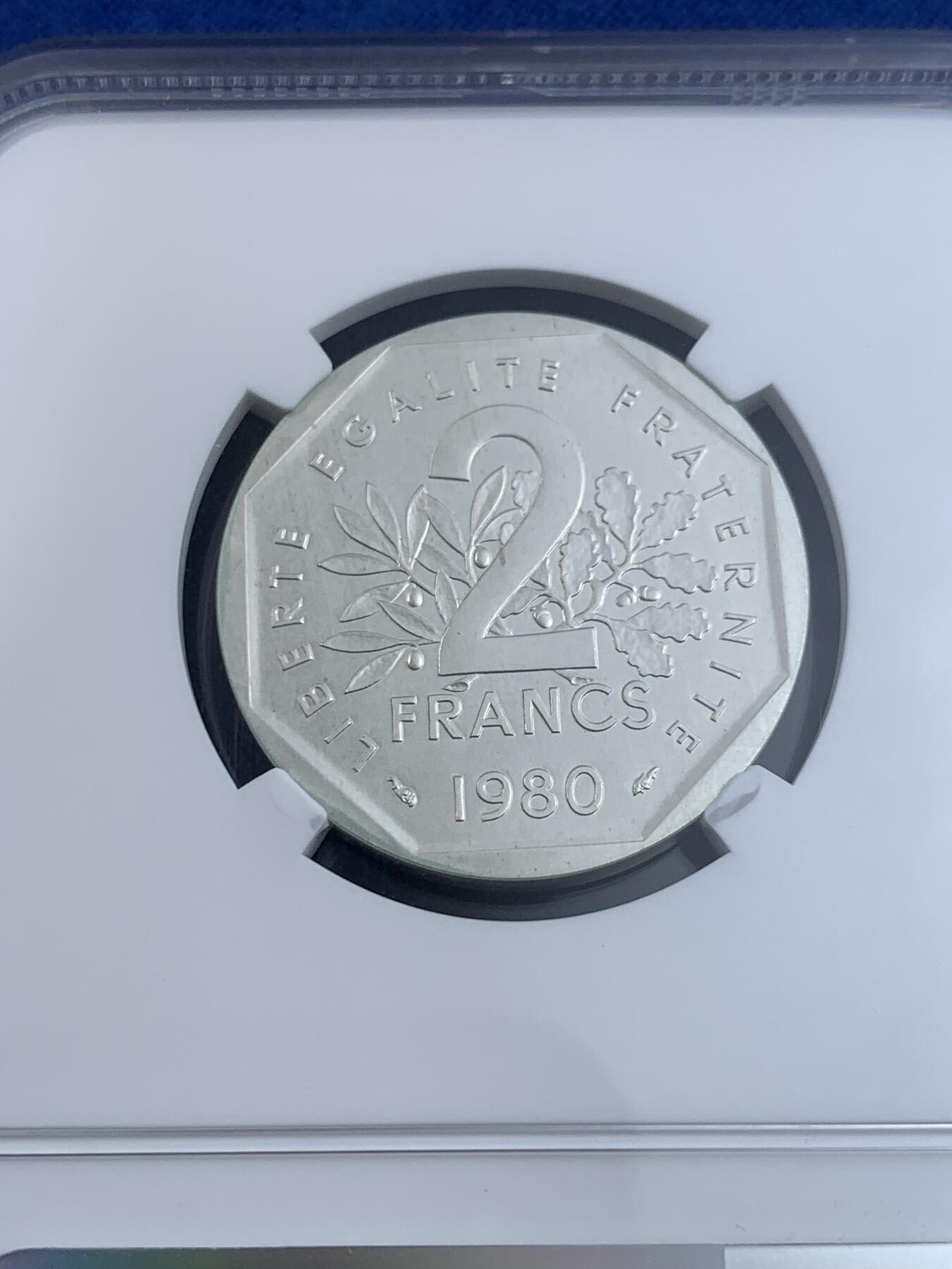 《竞宝斋》第439场 周日，周一，周二 3场连拍 （全场包邮） NGC PF65 法国第五共和国 1980年 2法郎加厚精制银币 资料显示发行量仅820枚