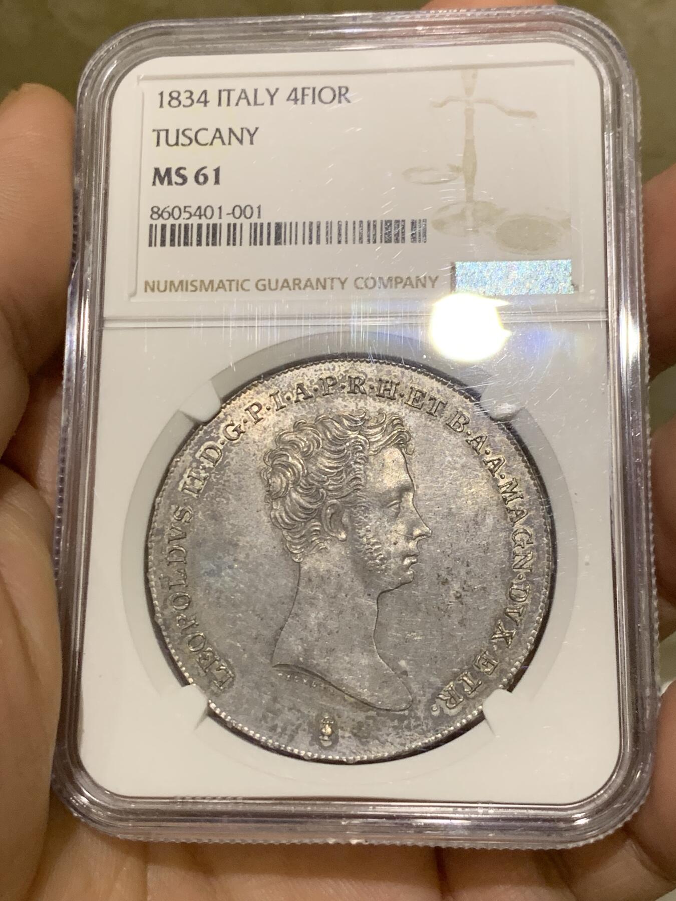 《竞宝斋》第439场 周日，周一，周二 3场连拍 （全场包邮） NGC MS61 意大利托斯卡纳 1834年 利奥波多二世 4Fiorino 罕见品种 打制状态优秀 深打极其少见 意邦核心 成交记录稀缺