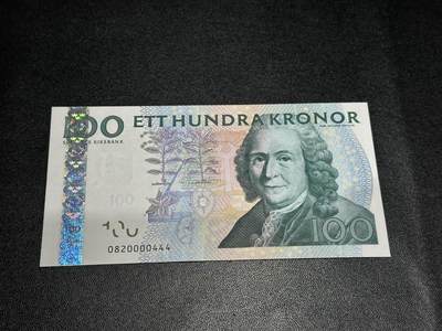 《外钞收藏家》第五百八十六期（品种丰富、精品多）（本平台长期征集拍品、欢迎藏友们联系合作） - 瑞典100克朗 狮子子号+豹子号0000444 全新UNC