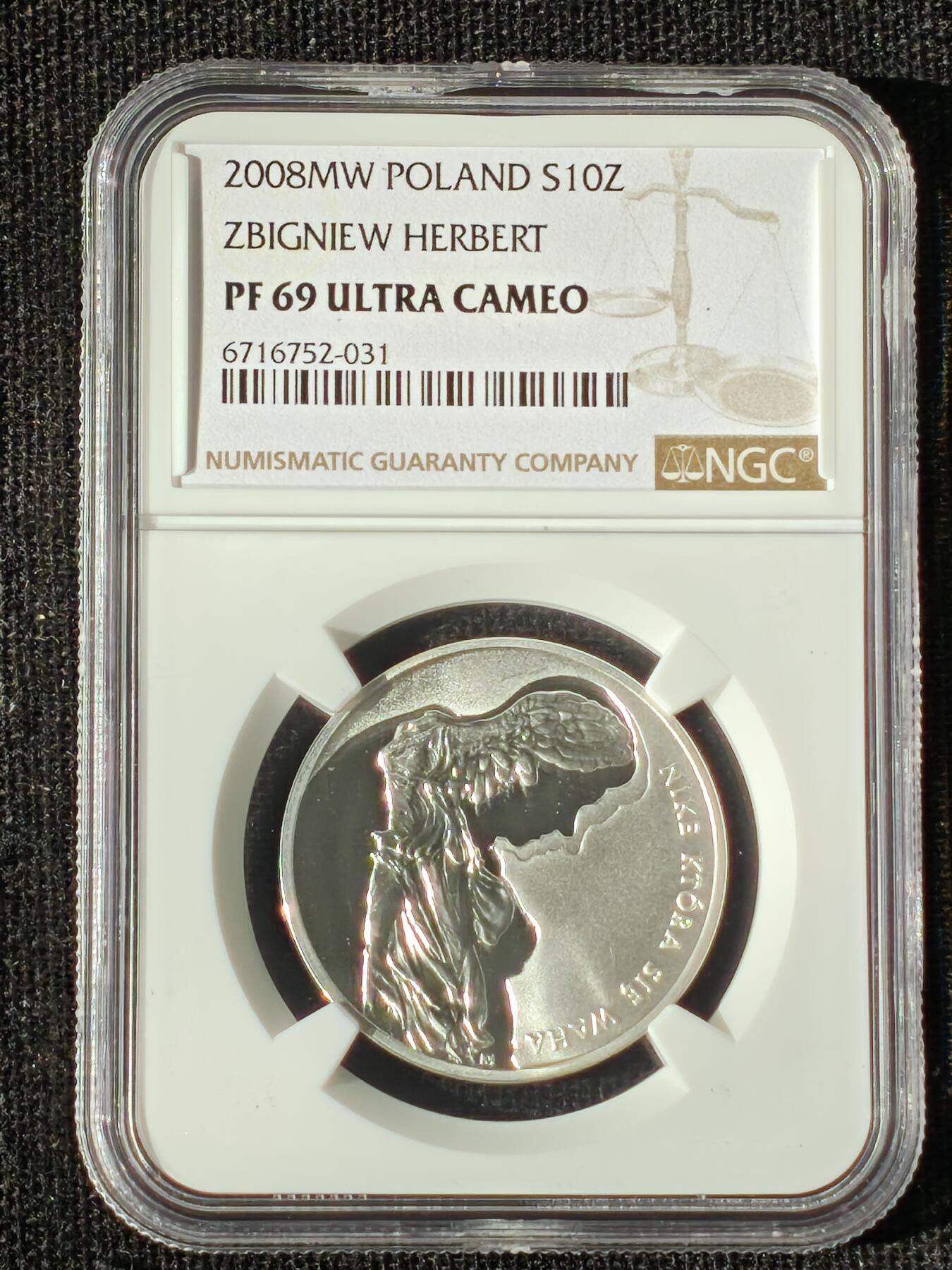 刘世昌艺术品销售中心～虎踞龙蟠*金杨在线联拍群第510期 波兰2008年“胜利女神”10兹罗提精制纪念银币（NGC    PF69UC    串号：6716752）1枚。