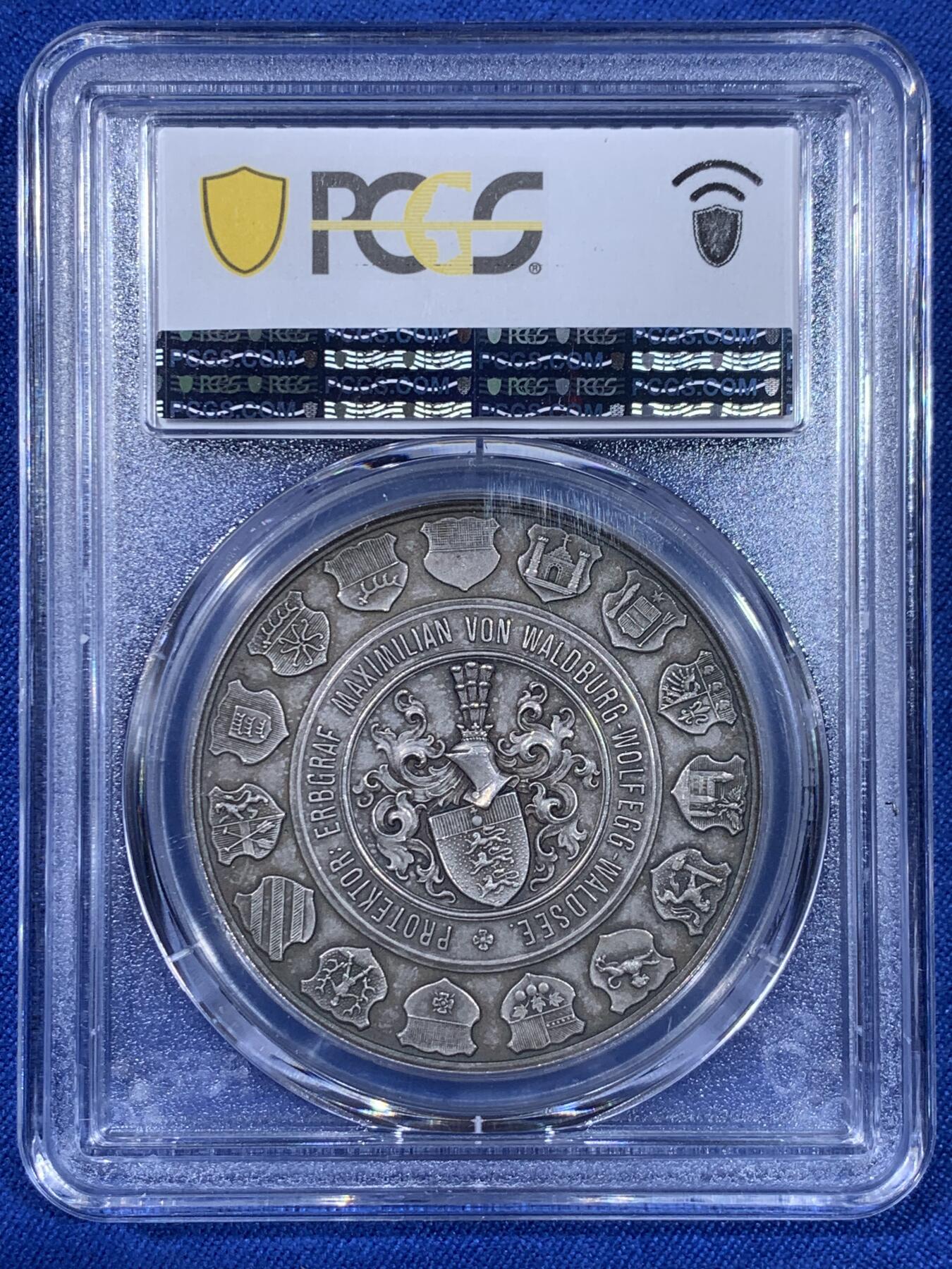 《竞宝斋》第439场 周日，周一，周二 3场连拍 （全场包邮） PCGS MS64 德国 1905年 上斯瓦比亚射击联盟成立50周年 纪念银章 景观细致 背面的15个城市徽章环绕 3圈设计 极美