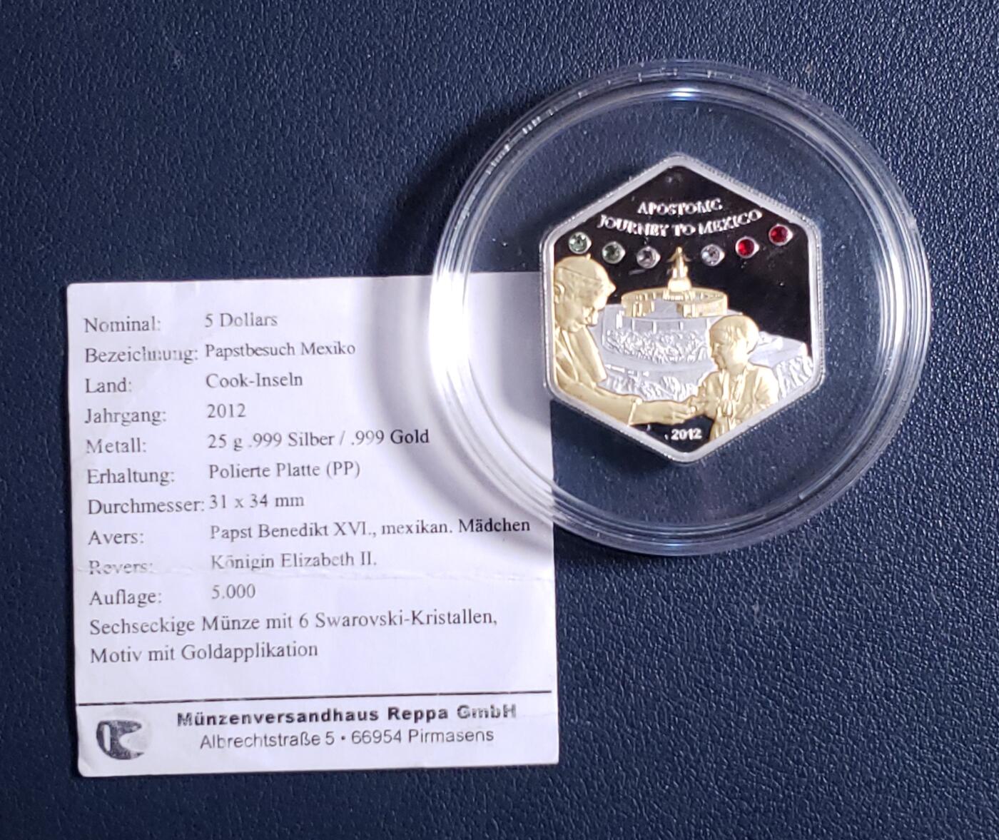 世界各国银币章专场（第24场） 发行量少 库克2012年本笃十六世访问墨西哥5元局部镀金镶嵌施华洛世奇水晶异形精制纪念银币 带证书