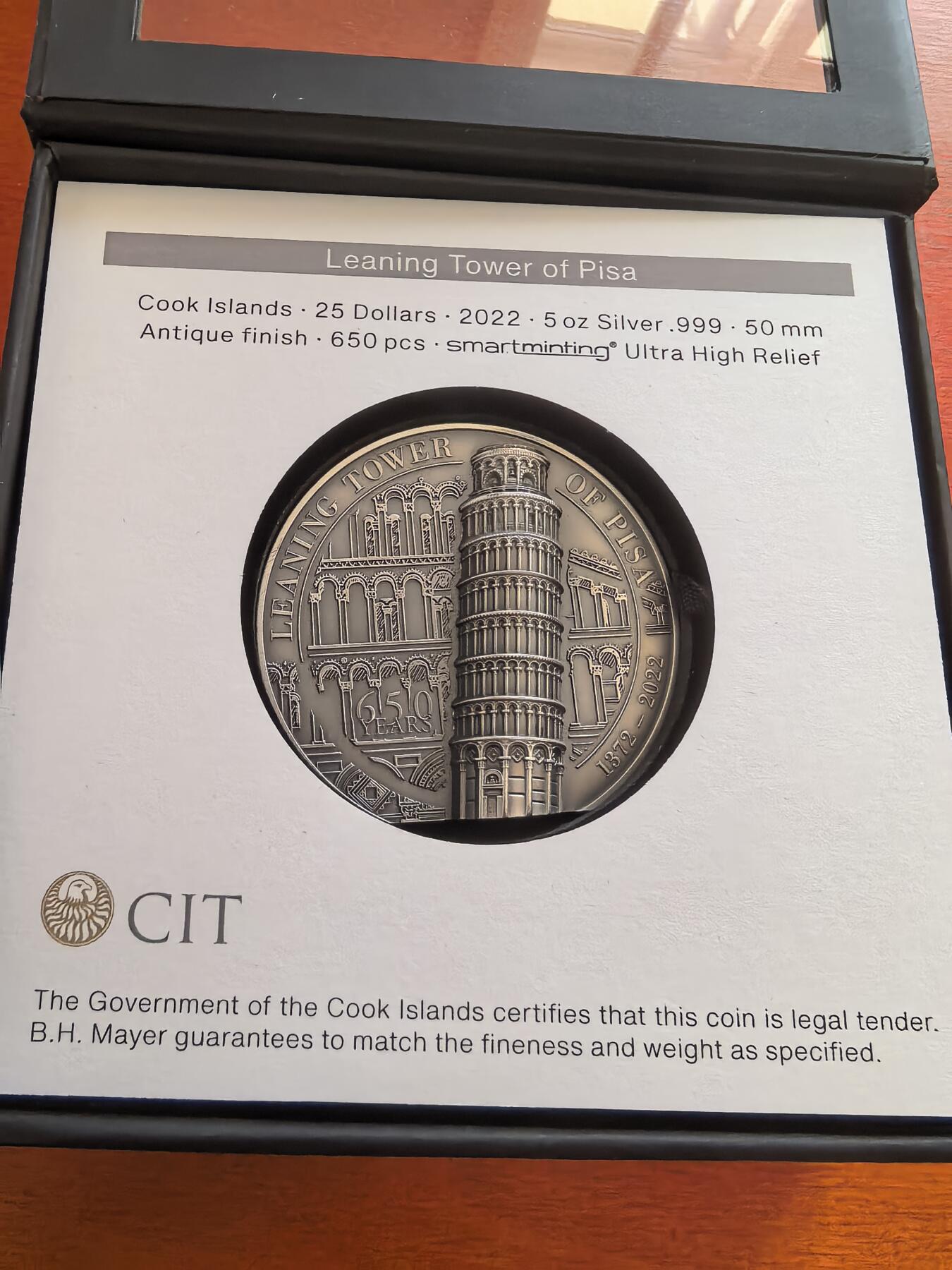 长老汇蛇年精选第七十四场拍卖 2022库克群岛比萨斜塔25元仿古超高浮雕银币，5盎司999银，盒证全，650枚