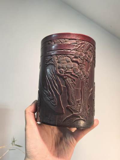 笔筒清代木雕名家刻竹雕人物松下对弈人物故事笔筒 