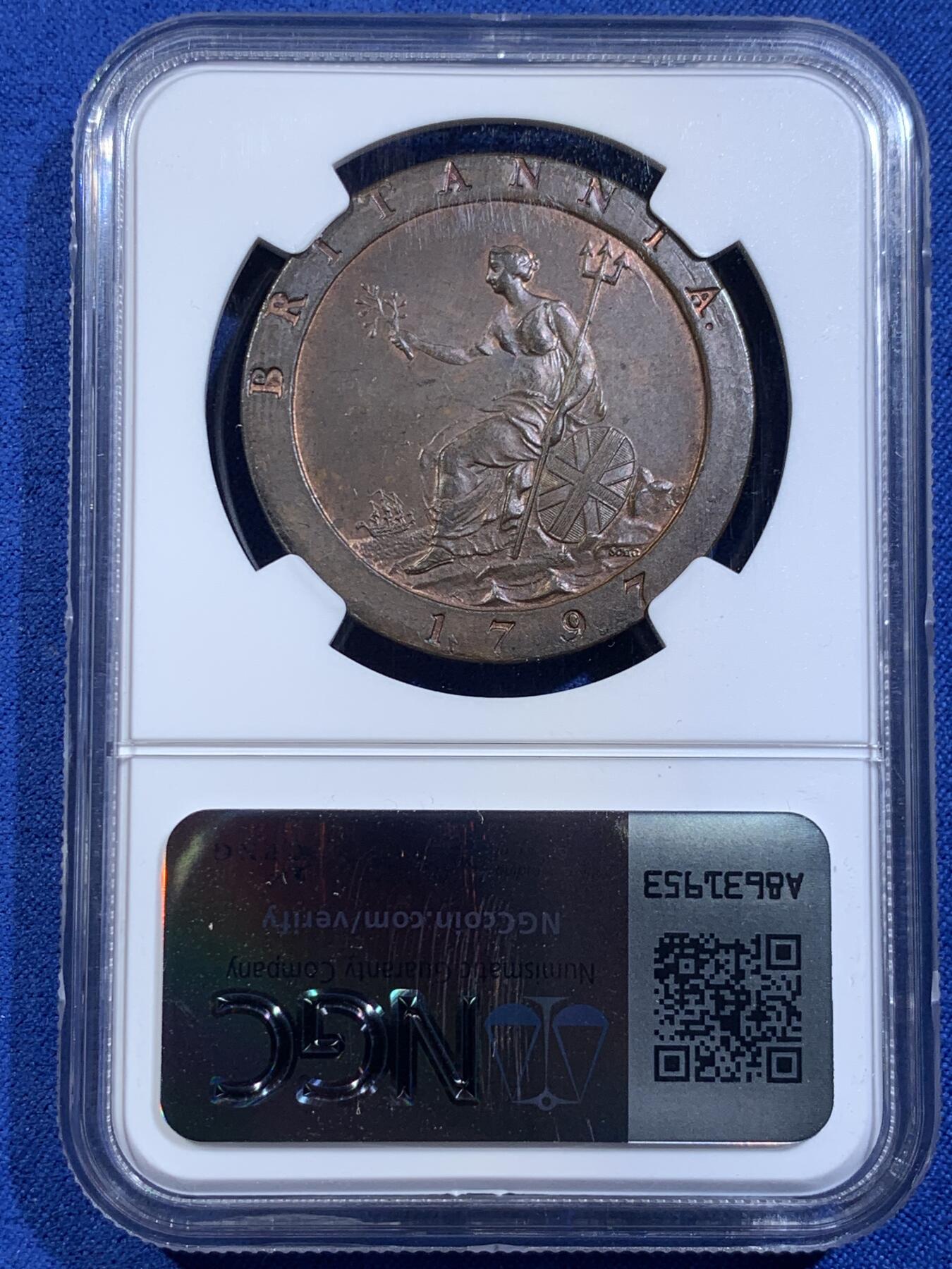 《竞宝斋》第439场 周日，周一，周二 3场连拍 （全场包邮） NGC MS64BN 英国 1797年 SOHO 乔三 车轮1便士铜币 高分品种比起2便士更为少见