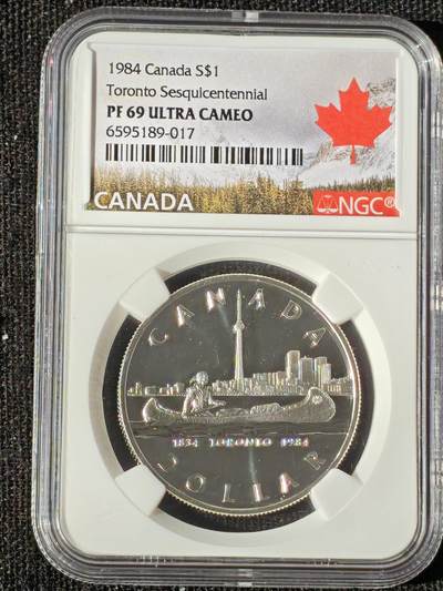 刘世昌艺术品销售中心～虎踞龙蟠*金杨在线联拍群第510期 - 加拿大1984年“多伦多建城150周年”1元精制纪念银币（NGC PF69UC 串号：6595189-017）1枚。