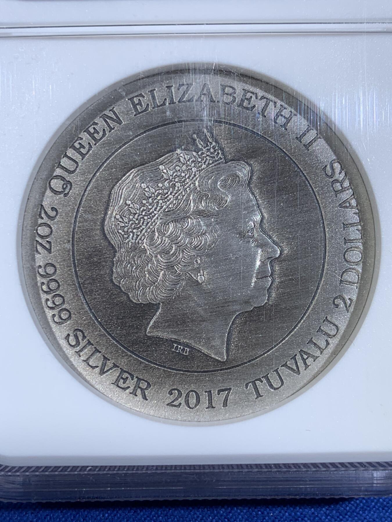 《竞宝斋》第439场 周日，周一，周二 3场连拍 （全场包邮） NGC PF70ANTIGUED 图瓦卢2017年2元仿古精制银币 北欧众神系列-弗丽嘉（司掌婚姻、家庭、天空与炉灶的女神，主神奥丁的妻子‌） 2盎司999银 早期蓝标 冠军分