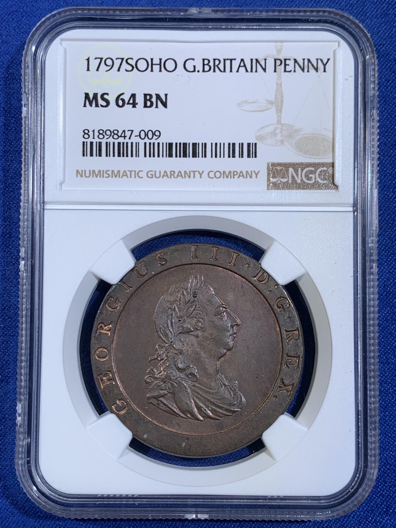 《竞宝斋》第439场 周日，周一，周二 3场连拍 （全场包邮） NGC MS64BN 英国 1797年 SOHO 乔三 车轮1便士铜币 高分品种比起2便士更为少见