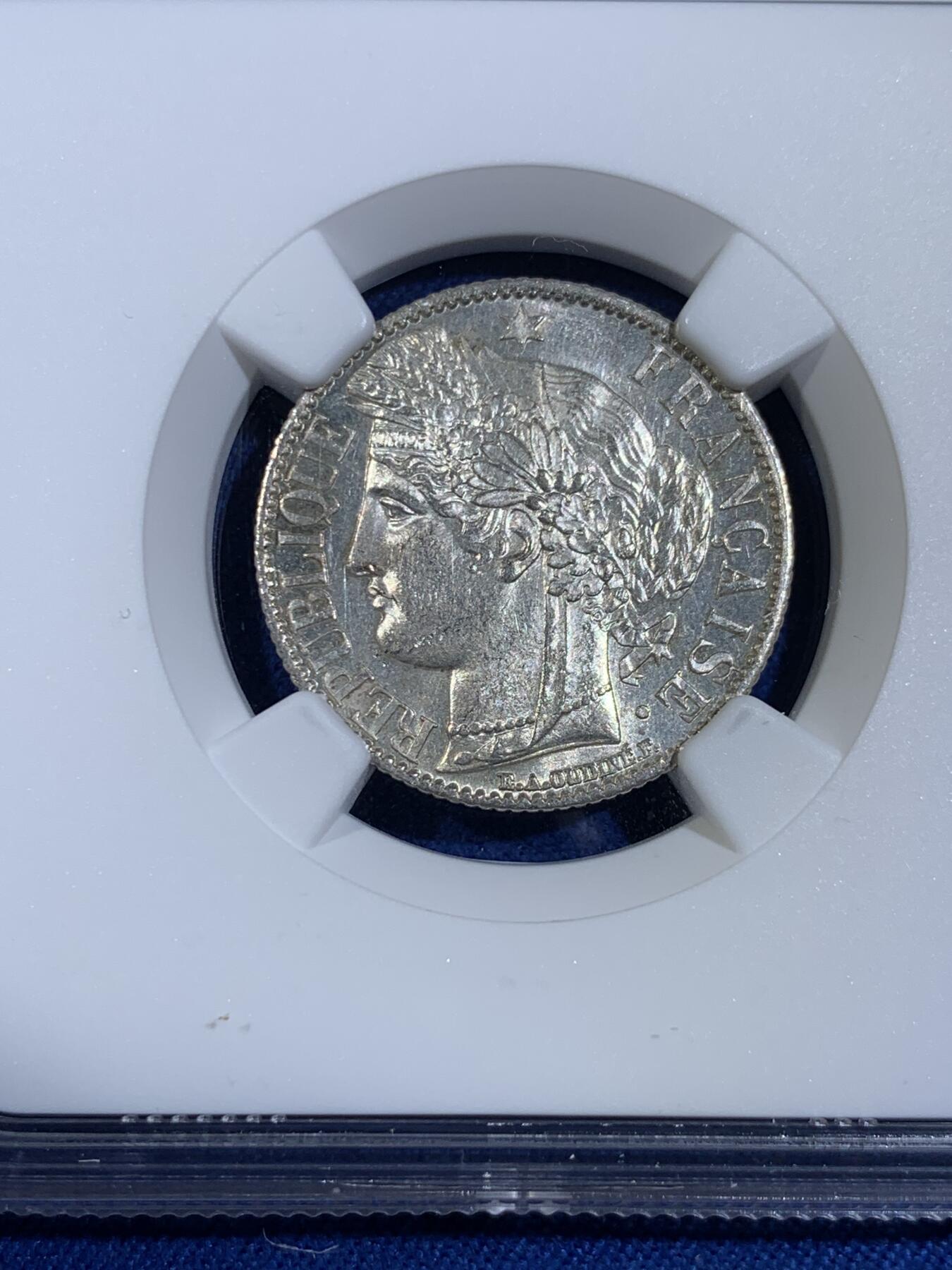 《竞宝斋》第439场 周日，周一，周二 3场连拍 （全场包邮） NGC MS63 法国 1872小A版 谷物女神 1法郎银币 高点俱在 丝滑底板