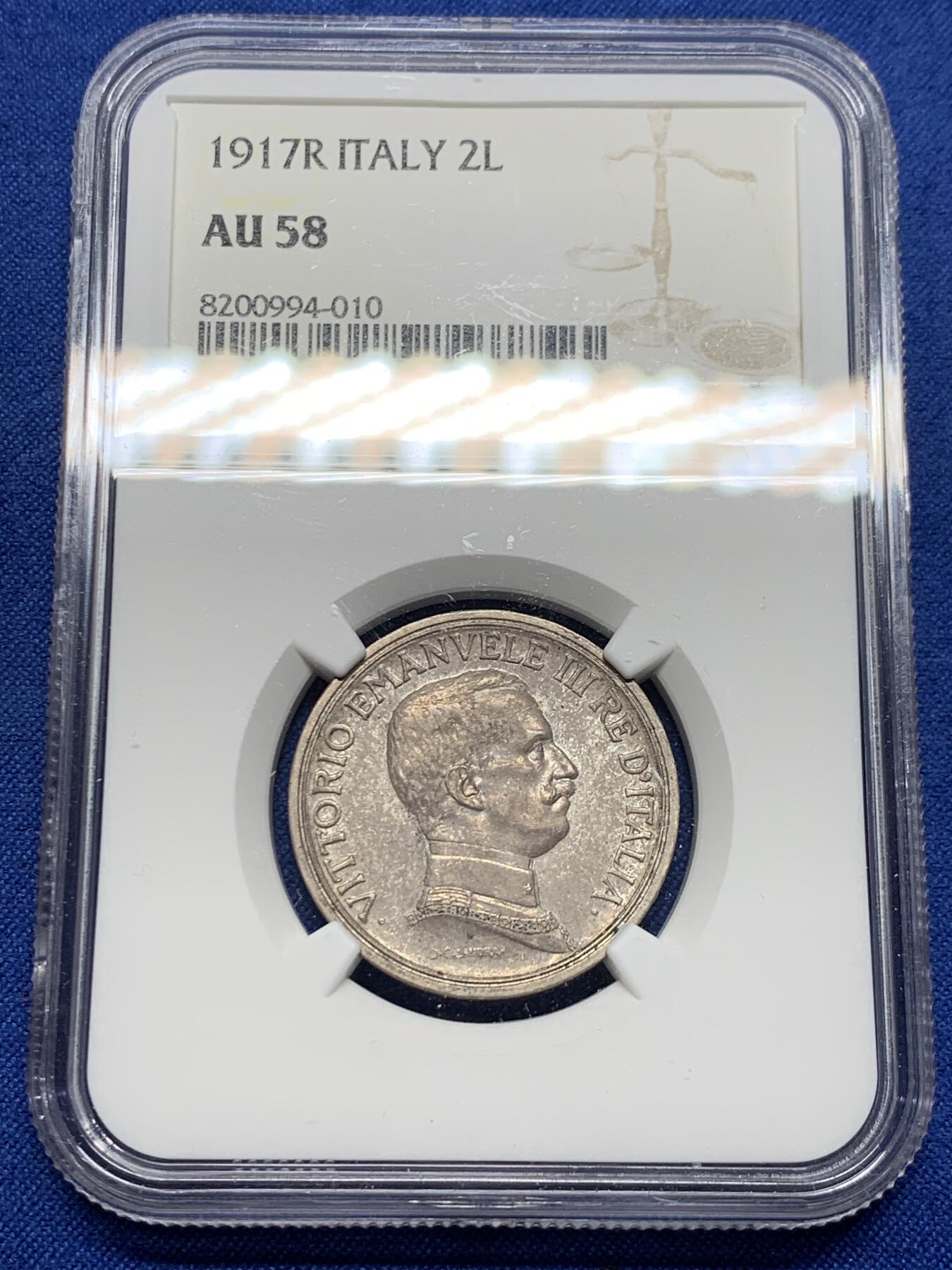 《竞宝斋》第439场 周日，周一，周二 3场连拍 （全场包邮） NGC AU58 意大利 1917年 2里拉 马车 银币 最稀少年份 总量仅为其他年份约1/4 系列难点