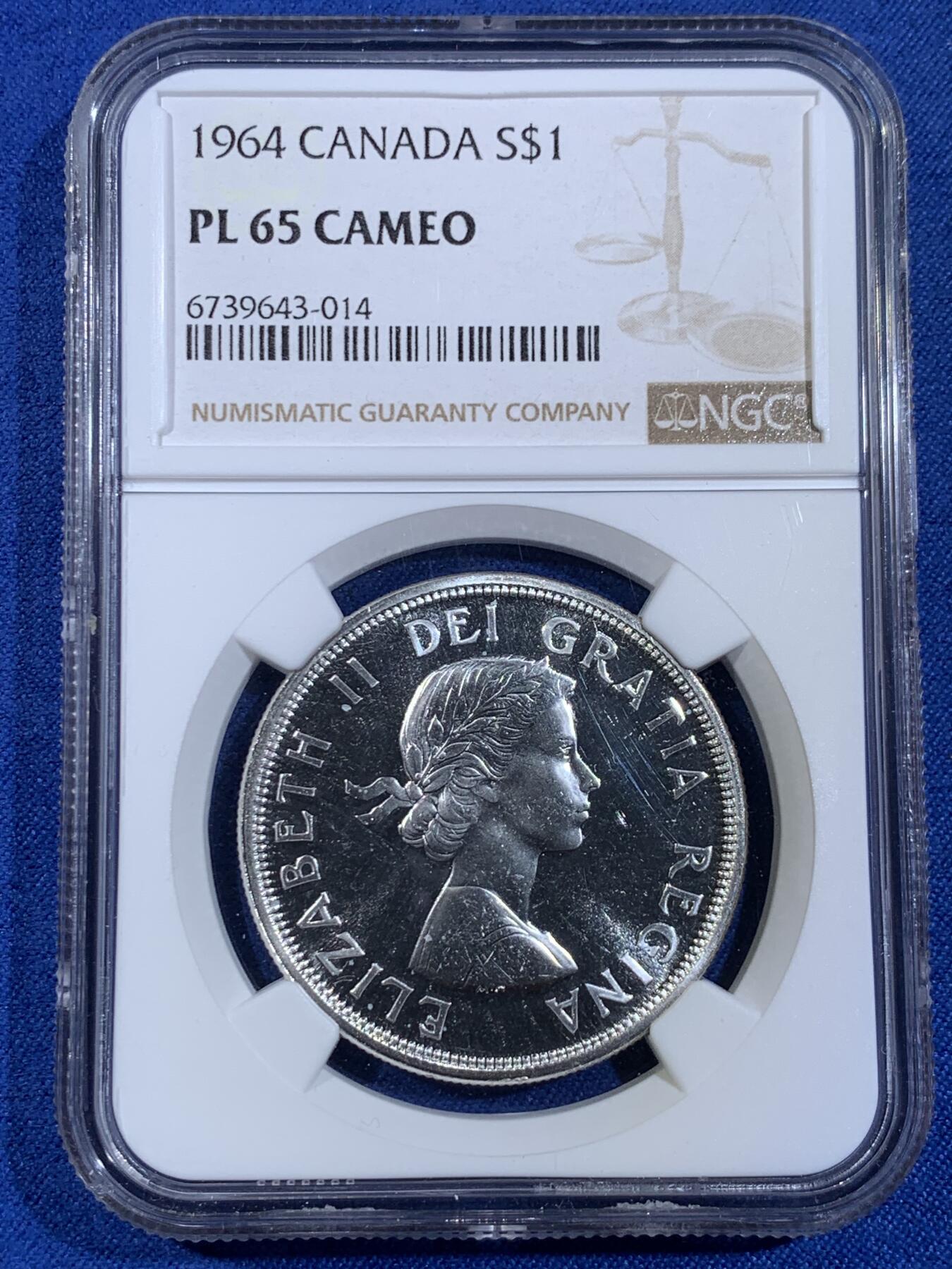 《竞宝斋》第439场 周日，周一，周二 3场连拍 （全场包邮） NGC PL65CAMEO 加拿大1964年夏洛特敦百年纪念银币 1元精制币