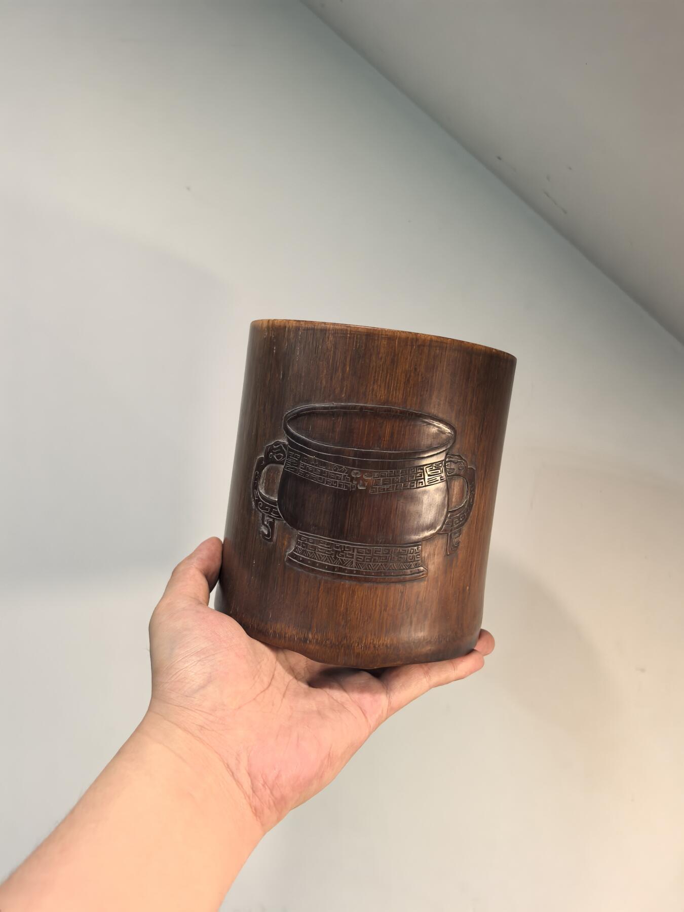 兰馨堂古玩杂项专场 笔筒名家刻竹诗文清供图竹刻笔筒 