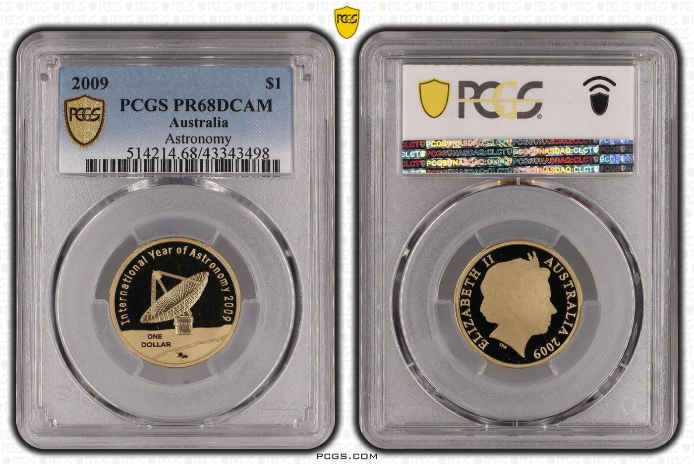 PThappally收藏第54次拍卖，英联邦地区硬币纸币 澳大利亚  2009 年 1 澳元  9g  铝青铜币  PCGS PR68DCAM 