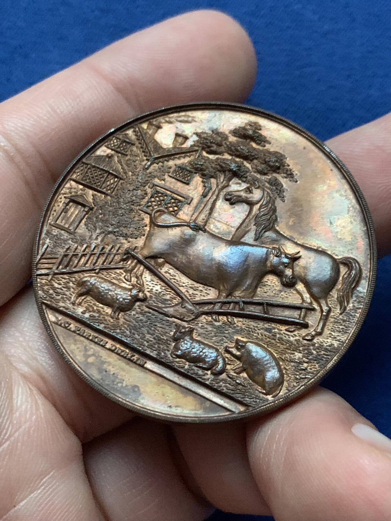 《竞宝斋》第439场 周日，周一，周二 3场连拍 （全场包邮） 英国卢斯农业协会20世纪初铜制奖章，农场动物生活图景，带原盒，内衬有花纹。34.9克，43mm。