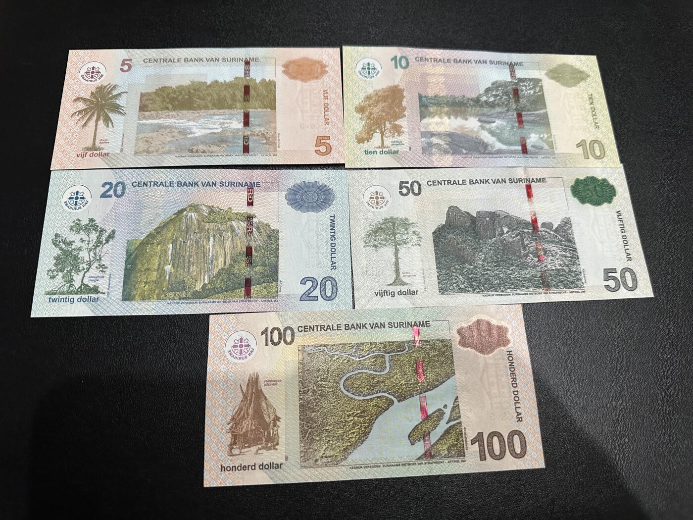 《外钞收藏家》第五百八十六期（品种丰富、精品多）（本平台长期征集拍品、欢迎藏友们联系合作） 苏里南5-100盾 全部是豹子号111 全新UNC