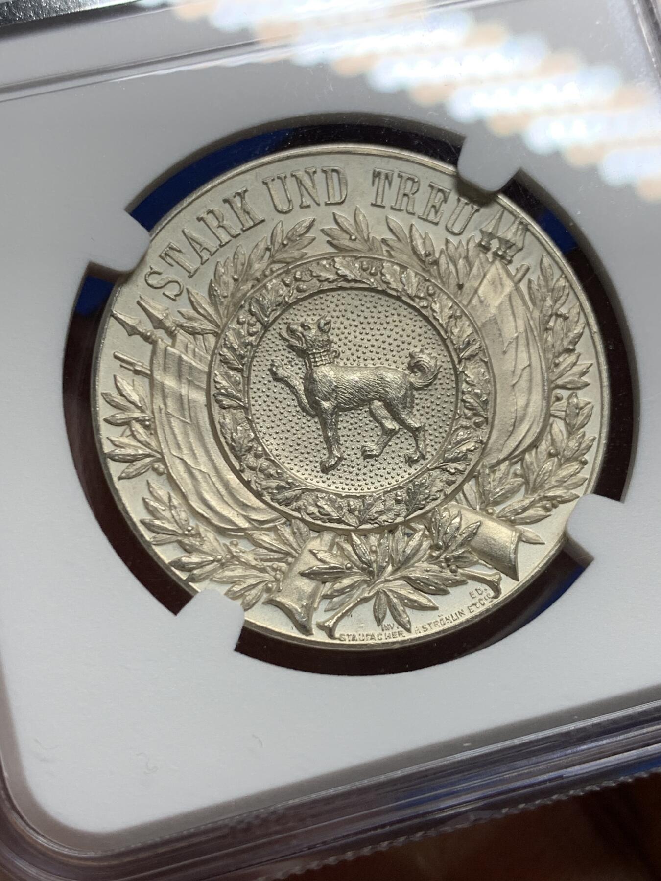 《竞宝斋》第439场 周日，周一，周二 3场连拍 （全场包邮） NGC MS64 1897年瑞士射击节银章，此枚是圣加伦射击节，分数不错，比较少见