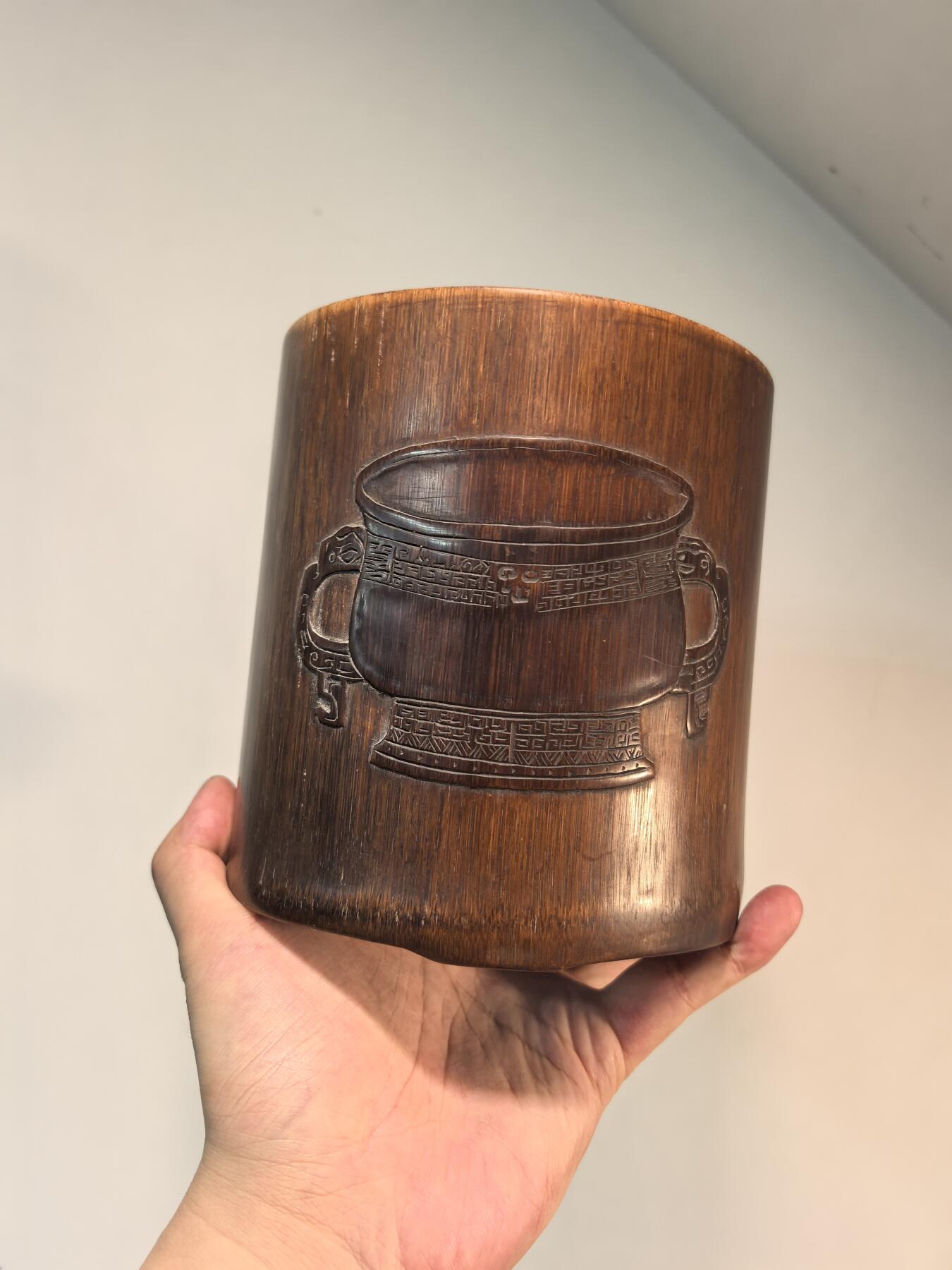 兰馨堂古玩杂项专场 笔筒名家刻竹诗文清供图竹刻笔筒 