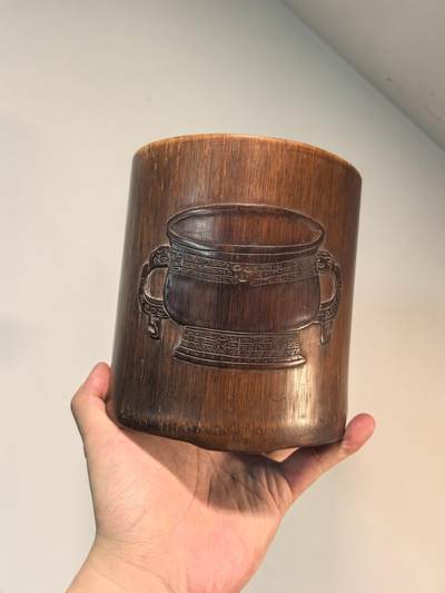 兰馨堂古玩杂项专场 - 笔筒名家刻竹诗文清供图竹刻笔筒 