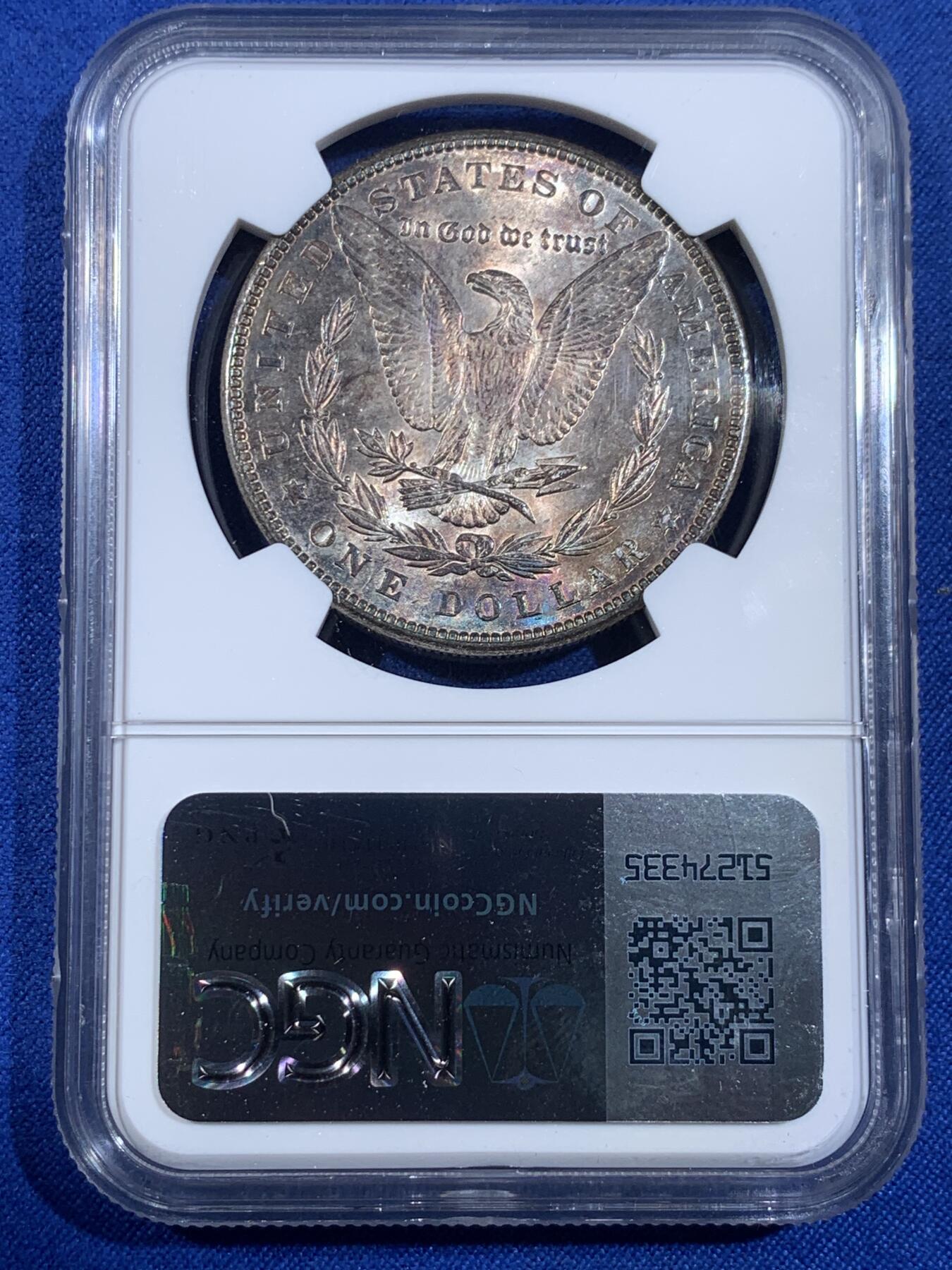 《竞宝斋》第439场 周日，周一，周二 3场连拍 （全场包邮） NGC MS63 美国1898年摩根银币P版，原汁原味五彩老包浆，转光强烈细节优秀。