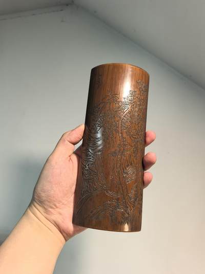 兰馨堂古玩杂项专场 - 老竹雕风景诗文臂搁镇纸摆件 双面雕工